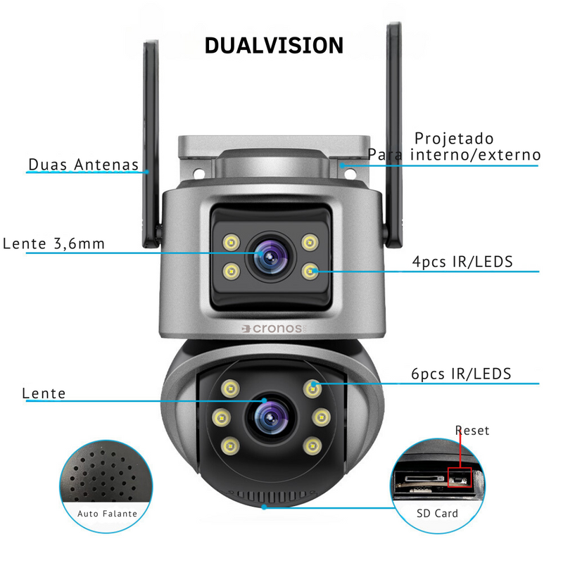 Câmera de Segurança Externa DualVision Cronos022 3MP  com Duas Lentes e Base Giratória 350°